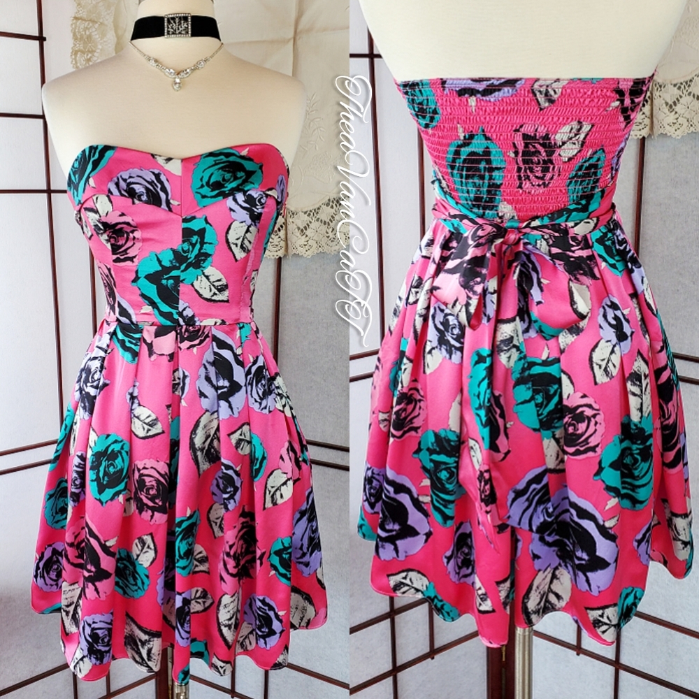 Vintage ♡BJ Strapless Rose Print 2 Pocket Sundress